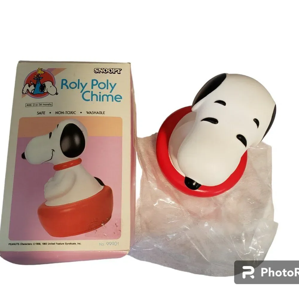 1980s Vintage Snoopy Peanuts Roly Poly Chime Toy Plastic w/Box Baby/Child Toy